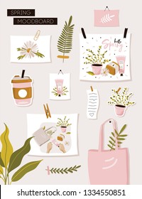 Inspiration Spring Mood Board. Trendy Home Decor With Plants, Cards, Succulents. Vector Illustration