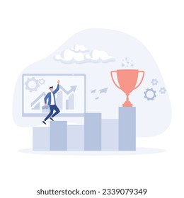 inspiration for success. a businessman going up to reach big trophy,  flat vector modern illustration 	