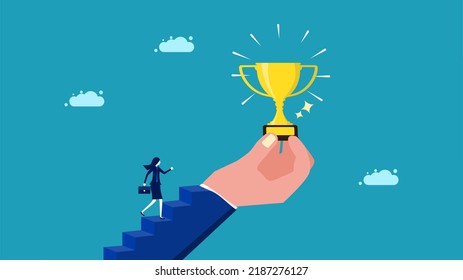 Inspiration for success. a businesswoman going up the stairs with a hand holding a trophy