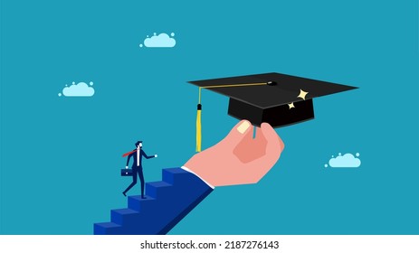 Inspiration for success in learning. businessman going up the stairs holding a graduation cap