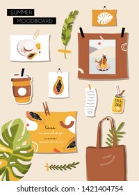 Inspiration summer mood board. Trendy home decor with girl, fruits, palm leaves.