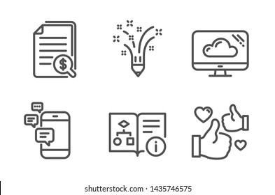 Inspiration, Technical algorithm and Financial documents icons simple set. Cloud storage, Communication and Like signs. Creativity pencil, Project doc. Business set. Line inspiration icon. Vector