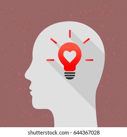 Inspiration and thinking concept with light bulb and human head. Flat design with long shadow.