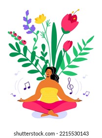 Inspiration and tranquility - colorful flat design style illustration with linear elements. Composition with a stylish girl, sitting in a lotus position, listening to music surrounded by flowers