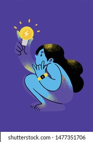 Inspiration, vector illustration, light bulb, woman holding light bulb, woman thinking.