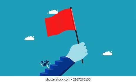 Inspiration to victory. a businesswoman going up the stairs with a hand holding a red flag