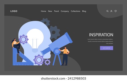 Inspiration visualization web or landing. Creatives harness bright ideas using visionary tools, setting the stage for Design Thinking's explorative phase. Flat vector illustration