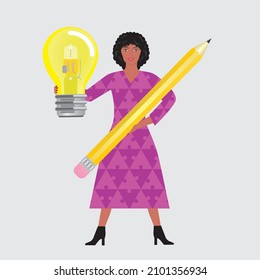 Inspiration to write. Woman with pencil and lightbulb. Puzzle pieces as pattern on dress. Vector illustration.
