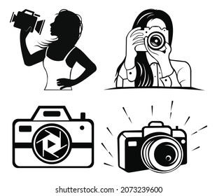 inspiration Young woman photographer with Your beautiful smile quote, hearts, camera, Vector of pretty teenager girl with black hair style