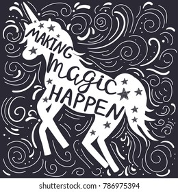 Inspirational abstract poster with unicorn silhouette and text "making magic happen"