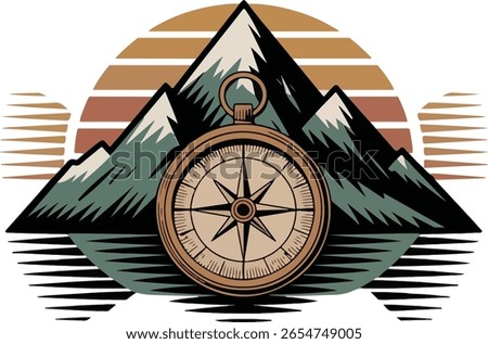 Inspirational "Adventure Awaits" text with rustic outdoor elements like mountains and compass. Great for hiking shirts, nature posters, camping gear, and travel-themed branding.
