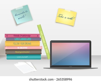 Inspirational books and laptop vector