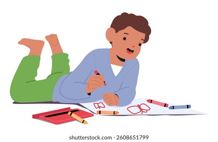 Inspirational boy child cartoon character drawing butterfly with wax pencils or crayons on paper. Children creative hobby at home, art school class during lesson in kindergarten vector illustration