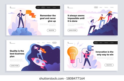 Inspirational business quotes for motivation with a set of four character designs showing goals, teamwork or perseverance, innovation and quality, colored vector illustration. Web page templates