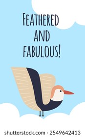 Inspirational Card With Bird, flat style illustration, sky and clouds, Motivational Bird Card Design