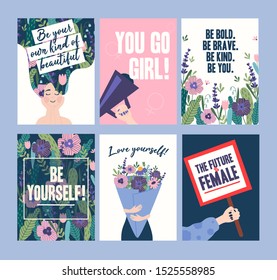 Cartas inspiradoras con personaje femenino y ilustración vectorial de flores. Sé tu propio tipo de hermosa, vas chica el futuro es mujer. Postal con ramo de flores y chicas