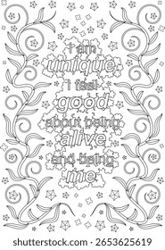 Inspirational coloring page with a powerful positive affirmation for mindfulness, self-esteem, and emotional wellness.