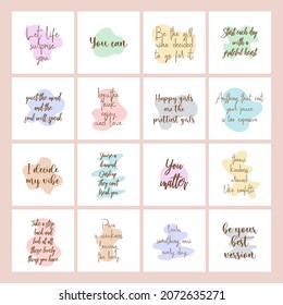 Las frases decorativas inspiradoras se establecen. Tonos pastel claros