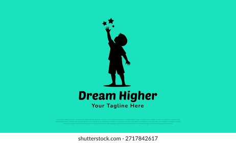 Inspirational Dream Higher logo featuring a child silhouette reaching for stars. Ideal for education brands, motivational programs, charities, kids projects, posters, campaigns, and positive branding designs.