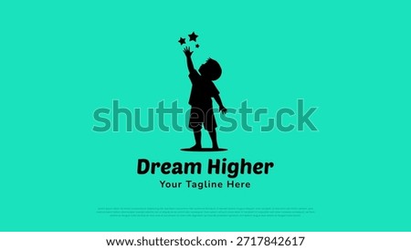 Inspirational Dream Higher logo featuring a child silhouette reaching for stars. Ideal for education brands, motivational programs, charities, kids projects, posters, campaigns, and positive branding designs.