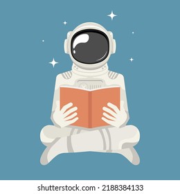 Inspirational education cartoon, Sitting astronaut reading a book, Digital marketing illustration.