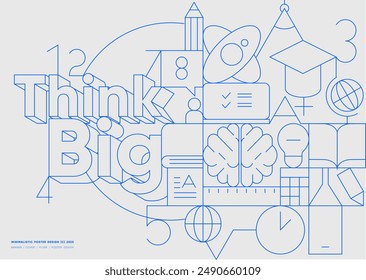 Inspirational educational poster with the message "Think Big" surrounded by geometric illustrations on a blue background.