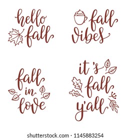 Inspirational Fall calligraphy set with design elements. Hello, vibes, in love, It’s fall y’all