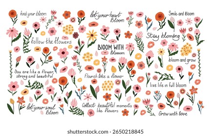 Inspirational floral lettering with positive quotes and hand drawn flower elements. Uplifting typography with cute botanical doodles in pink, orange, and yellow. Perfect for posters, wall decor, cards