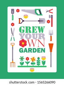 Inspirational gardening poster, vector illustration. Typographic book cover with isolated gardener tools icons. Motivational phrase grow your own garden. Advertisement flyer with place for text