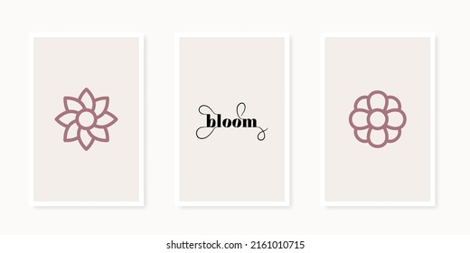 Inspirational geometrical shapes poster collection. Line art. Flower icons. Minimalist wall decoration, print or postcard. Bloom. Vector illustration, flat design