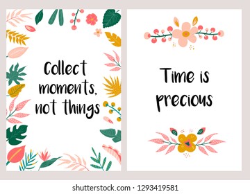 Inspirational greeting card or invitation template with frame of tropical leaves.