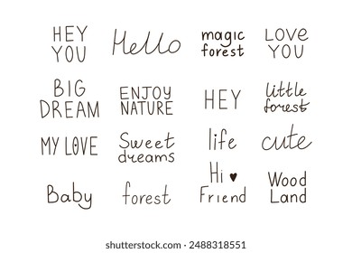 Inspirational hand drawn forest quotes. Vector big set with lettering in doodle style