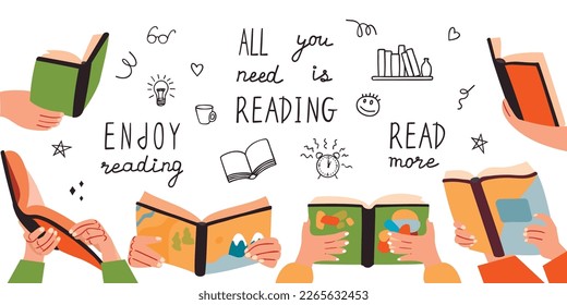 Inspirational hand written quotes and hands with books.Read more,enjoy reading and doodle elements.Collection of vector clip art isolated on white .Readers concept.Graphic and flat illustration.