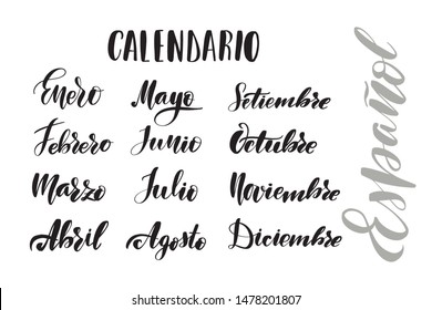 Inspirational handwritten brush lettering months in spanish. Vector calligraphy illustration isolated on white background. Typography for banners, badges, postcard, t-shirt, prints, posters.