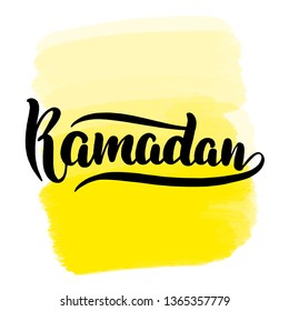 Inspirational handwritten brush lettering ramadan. Yellow watercolor stain on background.