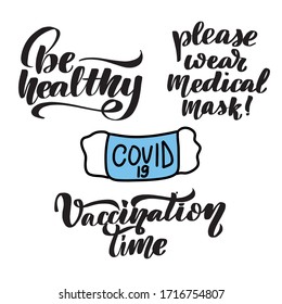 Inspirational handwritten brush lettering set about quarantine covid-19. Vector calligraphy stock illustration isolated on white background. Typography for banners, badges, postcard, t-shirt, prints.