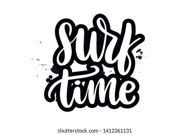 Inspirational handwritten brush lettering surf time. Vector calligraphy illustration isolated on white background. Typography for banners, badges, postcard, t-shirt, prints, posters.