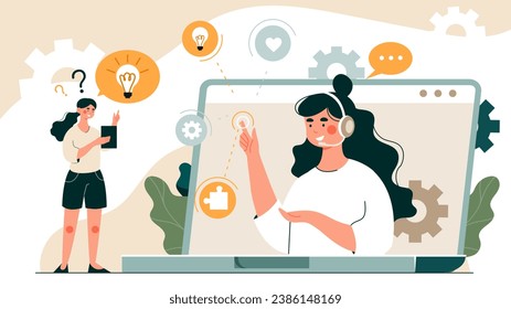 Inspirational idea concept. Woman with light bulb near tablet with operator. Consultation and technical support. Assistant with client. Business project and start up. Cartoon flat vector illustration
