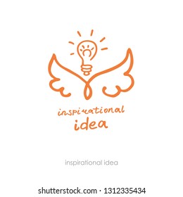 Inspirational idea. Hand drawn positive logo. Line art wings and lightbulb. Can be used for different designs, for example a print on a t-shirt.