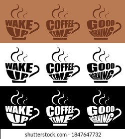 inspirational invigorating lettering in form coffee mug with hot steam. Morning invigorating coffee for good mood. Vector
