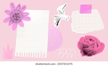 Collage de páginas de diario inspirador, papel a cuadros desgarrado, recorte de revista de semitono de pájaro volador y flor. Conjunto de moodboard rosa pastel.