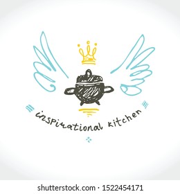 Inspirational kitchen. Illustration as a child's drawing a pan with wings and a crown. Funny picture drawn by pencils. Logo for cooking, cafe, street food, cooking courses and more.
