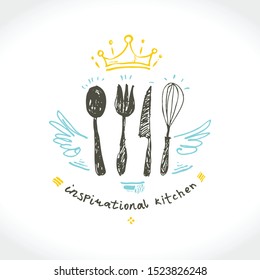 Inspirational kitchen. Illustration as a child's drawing a kitchen utensils with wings and a crown. Funny picture drawn by pencils. Logo for cooking, cafe, street food, cooking courses and more.
