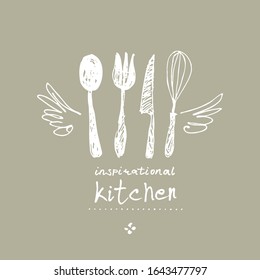 Inspirational kitchen. Illustration as a child's drawing a kitchen utensils with wings and a crown. Funny picture drawn by pencils. Logo for cooking, cafe, street food, cooking courses and more.
