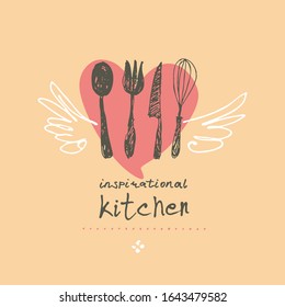 Inspirational kitchen. Illustration as a child's drawing a kitchen utensils with wings and heart. Funny picture drawn by pencils. Logo for cooking, cafe, street food, cooking courses and more.
