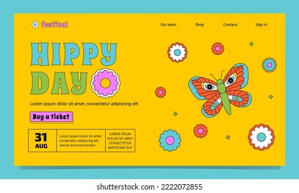 A inspirational landing page template in the groovy style. A acid outlined illustration with a butterfly, stars and flowers.