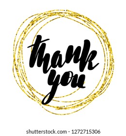 Inspirational lettering inscription thank you. Calligraphy on gold glitter texture. Vector illustration design. Textile graphic,  print.