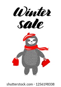 Inspirational lettering inscription winter sale. Cute sloth in a red beret and a scarf comes with shopping bags, the concept of shopping. Vector illustration, clipart.