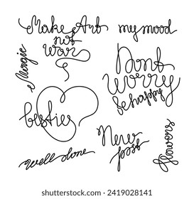 Inspirational lettering set, mood inscription, continuous line drawing, calligraphy text small tattoo, print for clothes, t-shirt, emblem or logo design, handwritten inscription, isolated vector.