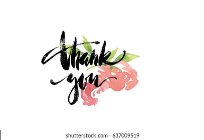 Inspirational lettering Thank You. Hand drawn modern brush calligraphy. Vector lettering art. Ink illustration. Lettering element for grapihc design. Watercolor floral background.